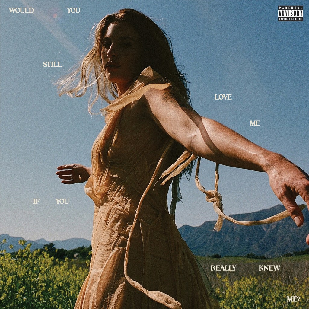 Cover photo for FLETCHER's upcoming album, Would You Still Love Me If You Really Knew Me?. FLETCHER is wearing a sheer dress in a field of wildflowers, and looking into the direction of the camera.